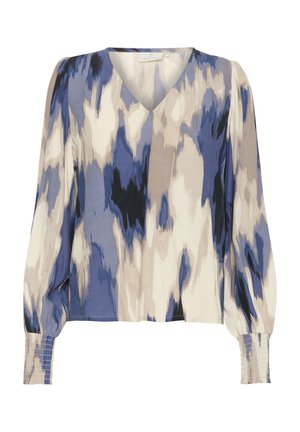 Blusa con scollo a V e maniche lunghe a sbuffo, caratterizzata da un motivo astratto blu, beige e nero. I polsini arricciati texture aggiungono dettaglio.