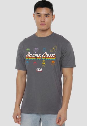 Gray cotton t-shirt featuring colorful cartoon characters and "Sesame Street" text in a rainbow pattern. The design includes a vintage "made in 1969" label.