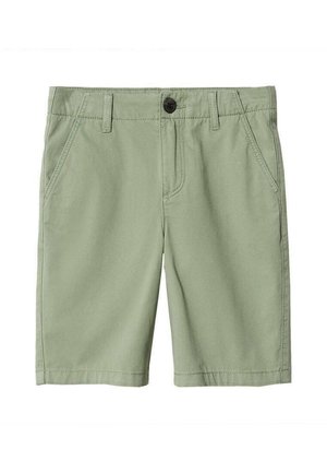Hellgrüne Shorts aus einer Baumwollmischung; verfügt über zwei Vordertaschen, eine Gesäßtasche und einen einzelnen schwarzen Knopfverschluss.