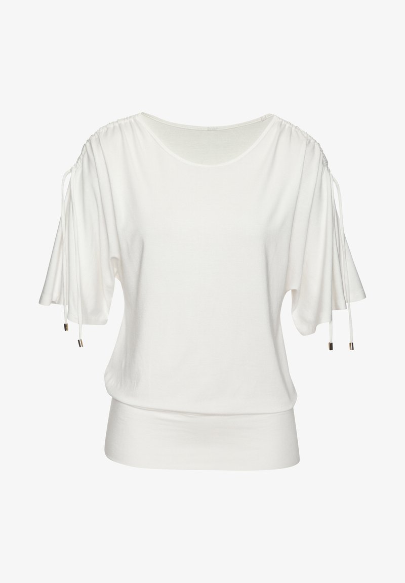 Balta trumpa palaidinė su surinktomis raišteliais ant rankovių ir plačiu aptemptu juosmeniu.