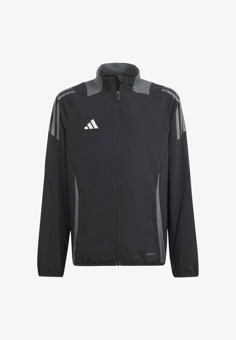 Schwarze sportliche Jacke aus leichtem Material, mit hohem Kragen, grauen Akzenten, Reißverschluss und Seitentaschen. Adidas-Logo sichtbar.