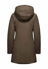 Giacca impermeabile marrone con cappuccio, caratterizzata da una finitura liscia e opaca, maniche lunghe e una silhouette leggermente svasata.