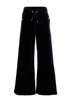 Pantaloni neri a gamba larga con vita elasticizzata e coulisse, con tasche laterali con bottoni dorati.