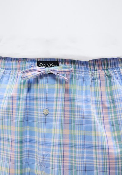 Μπλε, ροζ, πράσινο και κίτρινο παιχνιδιάρικο καρό παντελόνι πιτζάμας με κουμπιά στη μπάλακι και δεμένο υφασμάτινο κορδόνι στη ελαστική μέση.