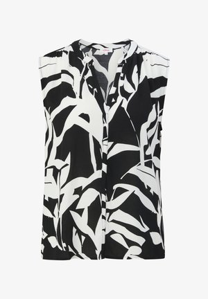 Mouwloze zwart-wit top met abstract bladmotief, ronde hals en knoopsluiting aan de voorkant.