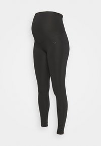Leggings de maternidade pretos com uma cintura alta, feitos de um tecido elástico. Apresentam uma textura suave e detalhes subtis nas laterais.
