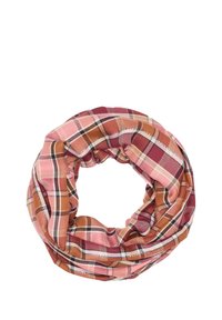 Écharpe infinie à carreaux dans des tons rose, bordeaux et marron. Tissu doux avec une texture lisse et un motif de plaid superposé.