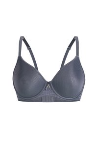 Grau Bh mit Krokodilprägung, Unterstützung durch Bügel, verstellbare Träger und einem dekorativen zentralen Akzent. Glatte Stoffoberfläche.