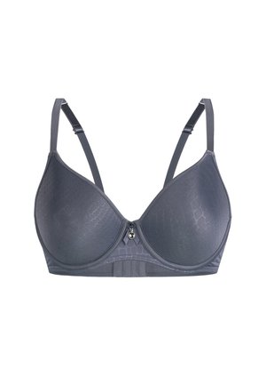 Sostegno perizoma in grigio con texture a coccodrillo, supporto con ferretto, spalline regolabili e un accento centrale decorativo. Finitura in tessuto liscia.