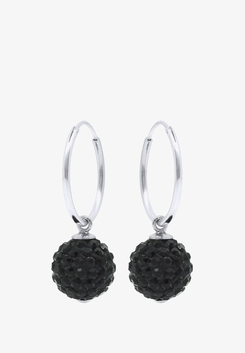 Silver hoop earrings with round black crystal-studded pendants hanging from each hoop, set against a white background.