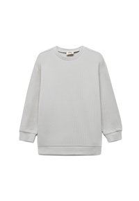 Jasnoszara bawełniana bluza z fakturowanej tkaniny, okrągłym dekoltem i długimi rękawami. Posiada ściągacze przy mankietach i u dołu dla dodatkowego wykończenia.