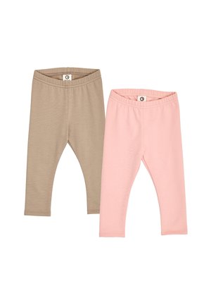 To par enkle baby leggings, den ene beige og den anden lyserød, begge med elastisk talje og uden synlige mønstre eller dekorationer.