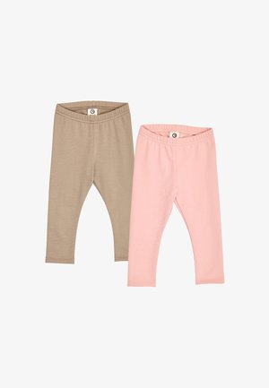 Zwei Paare schlichter Baby-Leggings, eines in Beige und eines in Hellrosa, beide mit elastischem Bund und ohne sichtbare Muster oder Verzierungen.