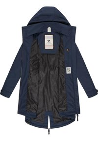 Marinblå vattentät jacka med huva, med dragkedja, innertyg med ett strukturerat mönster samt justerbar nederdel och ärmslut.