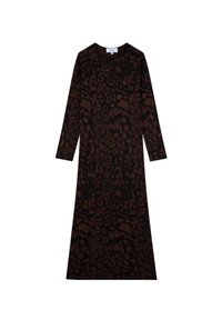 Langes, dunkelbraunes Kleid mit einem Leopardenmuster, rundem Ausschnitt und langen Ärmeln, aus weichem, strukturiertem Stoff gefertigt.