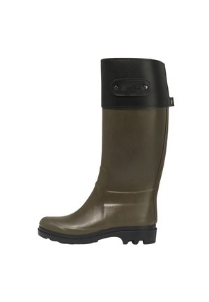 Botte haute en caoutchouc vert olive avec un revers noir et une semelle noire, conçue pour les activités en extérieur et les conditions humides.