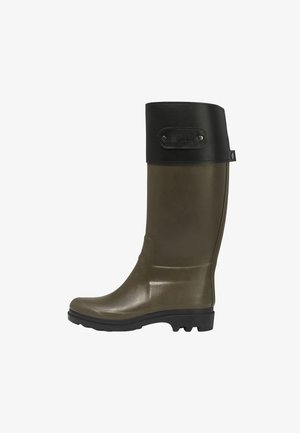 Botte haute en caoutchouc vert olive avec un revers noir et une semelle noire, conçue pour les activités en extérieur et les conditions humides.