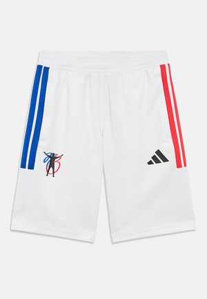 Shorts de sport blancs avec des bandes latérales bleues et rouges, arborant un logo Adidas noir et un motif graphique multicolore sur la jambe gauche.
