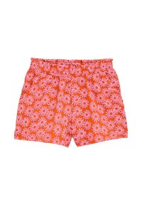 Oranžne kratke hlače z rožnatim marjetičnim vzorcem, z elastiko v pasu in sproščenim krojem. Narejene iz lahkega, teksturiranega materiala.