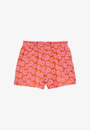 Narancssárga rövidnadrág rózsaszín margaréta mintával, rugalmas derékkal és laza fazonnal. Könnyű, texturált anyagból készült.