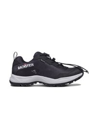 Scarpa da ginnastica nera con tomaia in mesh, dettagli grigi e suola testurizzata. Caratterizzata da un sistema di allacciatura elastico e marchio sul lato.