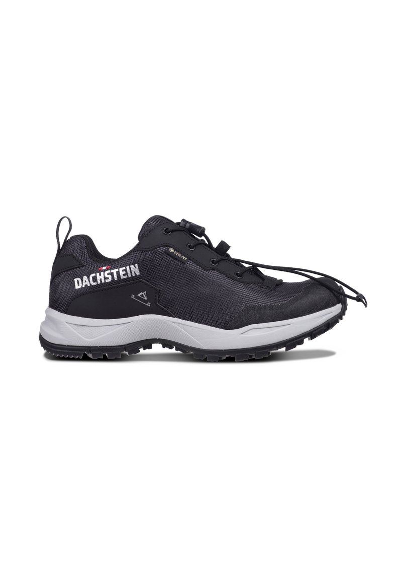 Scarpa da ginnastica nera con tomaia in mesh, dettagli grigi e suola testurizzata. Caratterizzata da un sistema di allacciatura elastico e marchio sul lato.