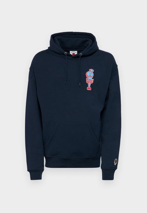 Marineblå hoodie lavet af bomuldsblanding, med en front kangaroo lomme og et farverigt is grafik på brystet.