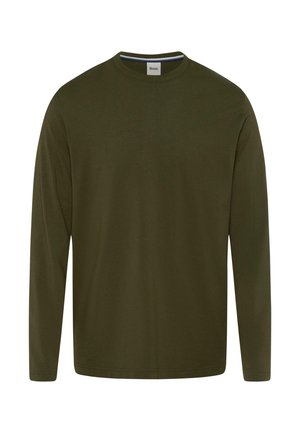 Chemise à manches longues en vert olive foncé, fabriquée en coton doux. Caractéristiques : col rond et design simple sans motifs ni embellissements.