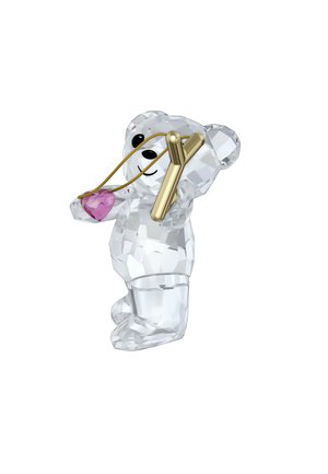 Clear crystal teddy bear holding a gold string with a pink heart pendant, features rounded ears, black eyes, and geometric facets.