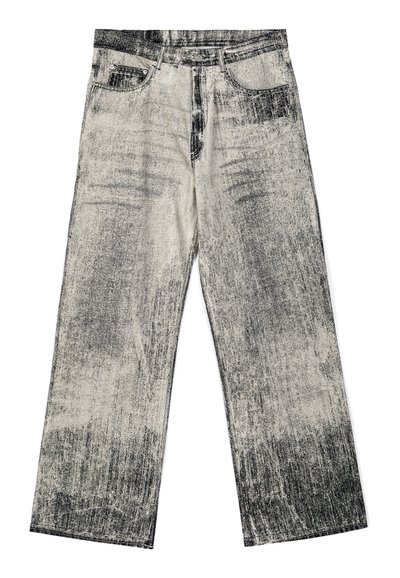 Wide-leg jeans in a black and white speckled pattern, featuring five pockets, a zip fly, and a textured denim material.