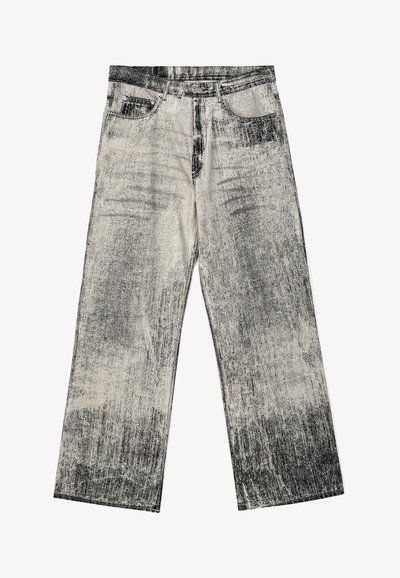 Weite Jeans in einem schwarz-weiß gesprenkelten Muster, ausgestattet mit fünf Taschen, einem Reißverschluss und einem strukturierten Denim-Material.