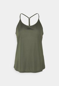 Olive green athletic tank top with thin straps and a racerback design, featuring a small black Nike logo on the front. Smooth, lightweight fabric.