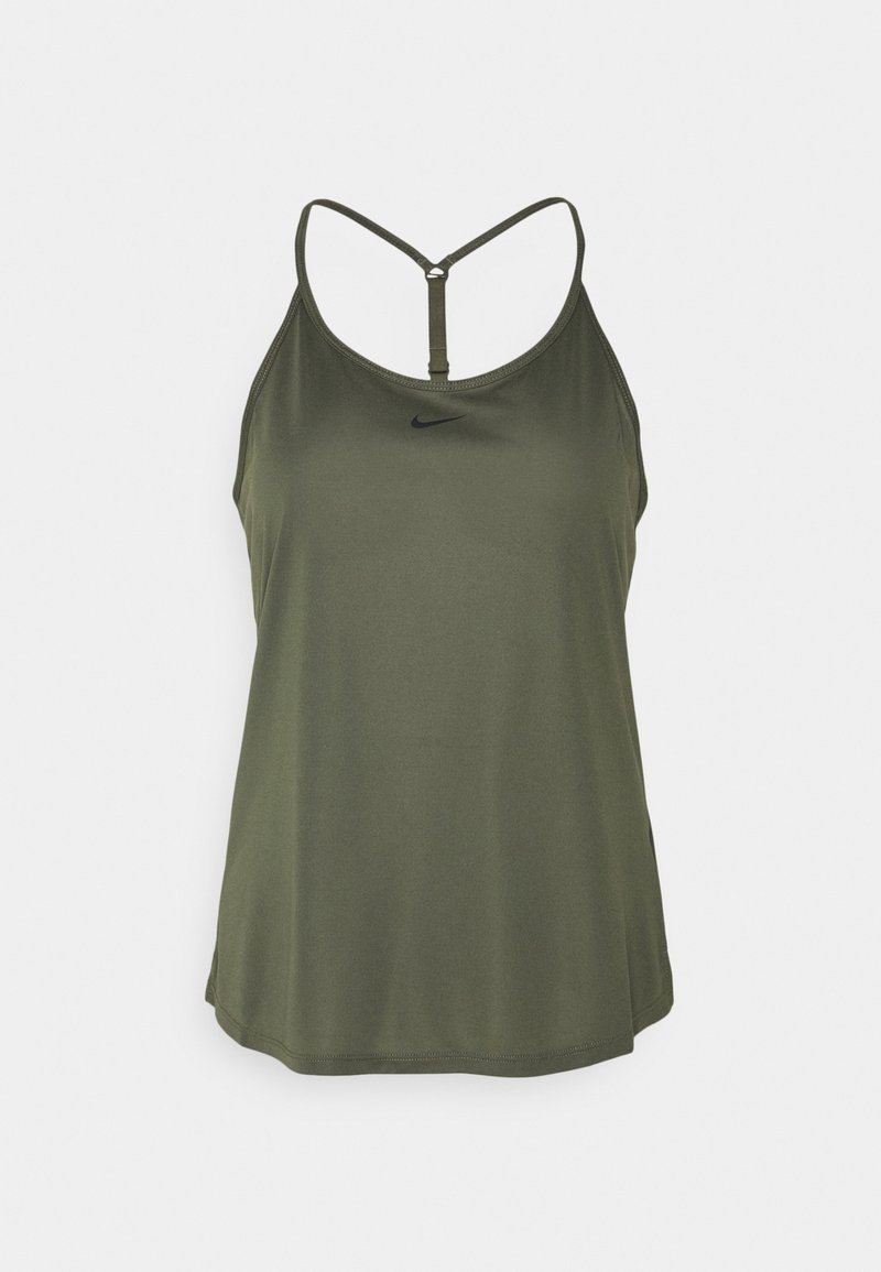 Olive green athletic tank top with thin straps and a racerback design, featuring a small black Nike logo on the front. Smooth, lightweight fabric.