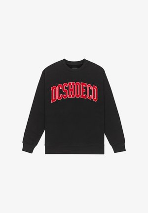 Schwarzer Sweatshirt mit großer roter "DCSHOECO" Schrift in gebogenem Design. Hergestellt aus weichem Stoff mit gerippten Bündchen und Saum.