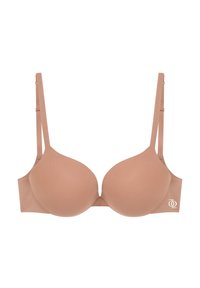 Beiger gepolsterter BH mit glatten, nahtlosen Cups, dünnen verstellbaren Trägern und Markenlogo an der Seite. Das Design legt Wert auf Komfort und Passform.
