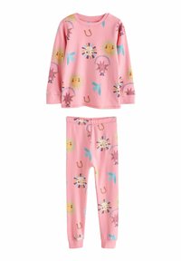 Set de pijama roz compus dintr-o bluză cu mânecă lungă și pantaloni, împodobit cu modele de soare, arici și potcoavă, realizat dintr-un material moale și respirabil.