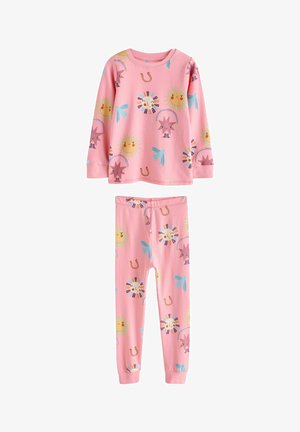 Roosa pidžaama komplekt, mis sisaldab pika varrukaga särke ja pükse, mis on kaunistatud päikese, siili ja hobuseraua mustritega, valmistatud pehmest ja hingavast kangast.