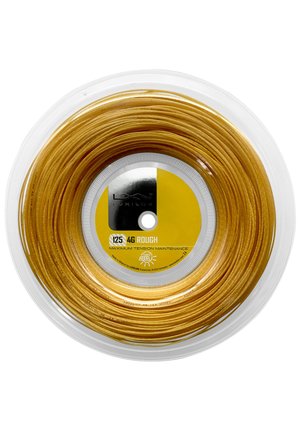 Gelbe Tennisschnur auf einer transparenten Plastikkapsel aufgerollt. Das Etikett gibt eine Stärke von 125 und "4G ROUGH" für eine verbesserte Spannungsbeibehaltung an.
