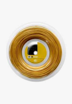 Gelbe Tennisschnur auf einer transparenten Plastikkapsel aufgerollt. Das Etikett gibt eine Stärke von 125 und "4G ROUGH" für eine verbesserte Spannungsbeibehaltung an.