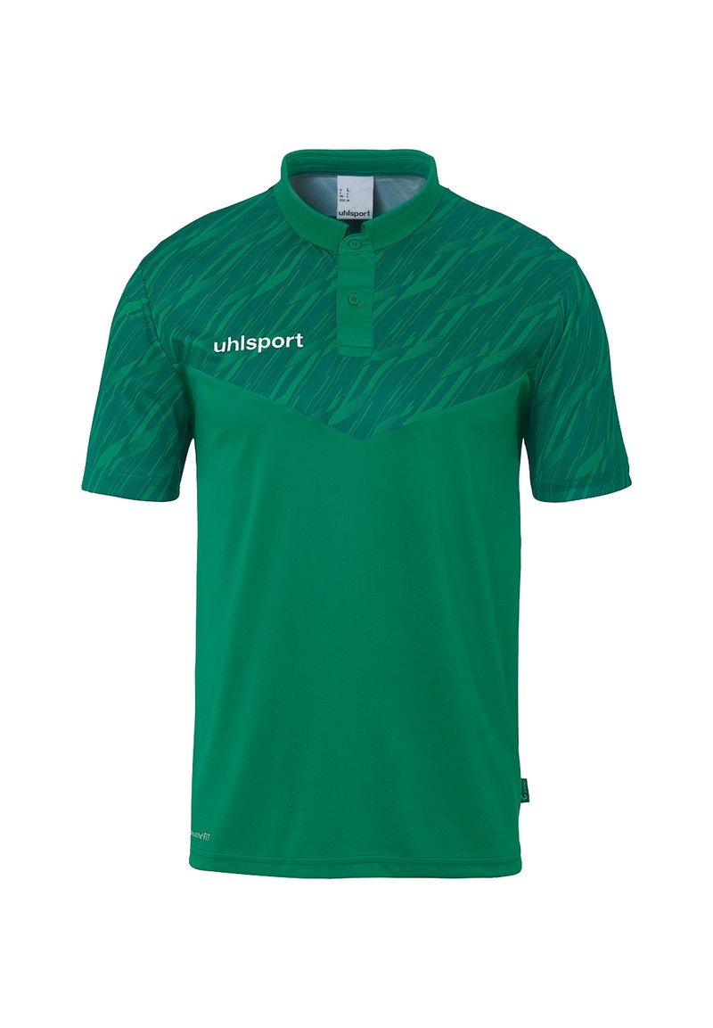 Polo shirt vert avec une section supérieure texturée et à motifs. Il est doté d'un col, de manches courtes et d'un logo brodé sur la gauche.