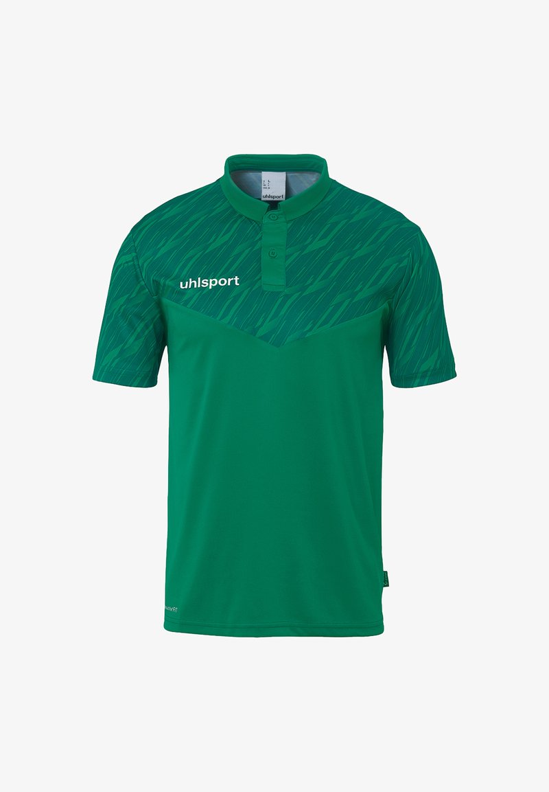 Polo shirt vert avec une section supérieure texturée et à motifs. Il est doté d'un col, de manches courtes et d'un logo brodé sur la gauche.