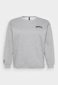 Gray sweatshirt featuring long sleeves, a round neck, and "BROOKLYN" embroidered on the chest. Ribbed cuffs and hem provide structure.