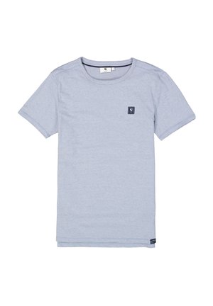 Hellblaues Kurzarm-T-Shirt mit einem dezenten Streifenmuster. Verfügt über ein kleines, dunkles rechteckiges Logo-Patch auf der Brust. Aus Baumwollmischgewebe.