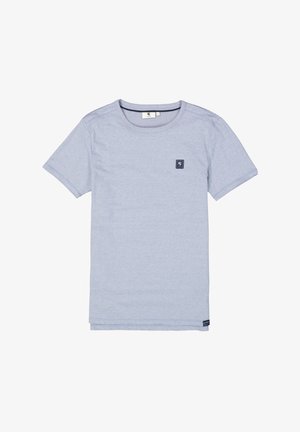 Hellblaues Kurzarm-T-Shirt mit einem dezenten Streifenmuster. Verfügt über ein kleines, dunkles rechteckiges Logo-Patch auf der Brust. Aus Baumwollmischgewebe.