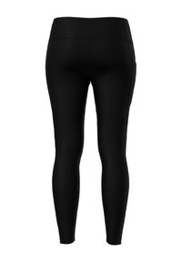 Zwarte leggings met een hoge tailleband, een gladde textuur en een aansluitend ontwerp. Heeft een zijvak en nette naadlijnen.