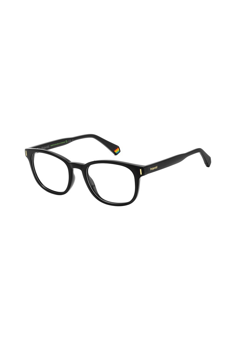 Lunettes de vue rectangulaires noires avec des montures épaisses, présentant une accentuation verte sur la branche et un logo arc-en-ciel sur le bras.