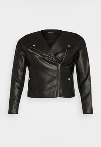 Jachetă de motocicletă din piele neagră, cu un design ajustat, fermoar asimetric și accente din metal argintiu. Dispune de epauleți la umeri și buzunare cu fermoar.