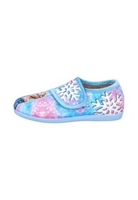Pantufla azul, rosa y blanca con diseño de copos de nieve, fabricada en un tejido suave y con cierre de gancho y bucle; punta redondeada e interior acolchado para mayor comodidad.
