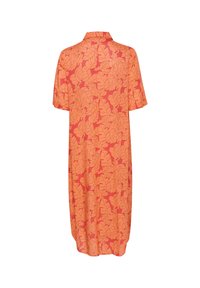 Korte mouwen, gekleed jurk in oranje met een bladerenpatroon, lichte stof, knielange snit en een ontspannen pasvorm.