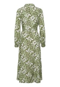 Sukienka midi z długim rękawem, z zielono-białym abstrakcyjnym wzorem kwiatowym, dopasowana w talii, z kołnierzykiem, pokazana z tyłu.